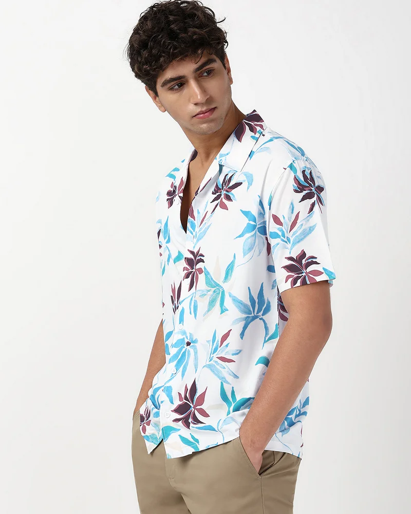 bewakoof Men's White & Blue All Over Printed Oversized Shirt